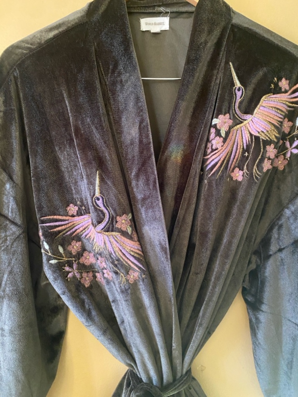 World Market Velvet Embroidered Robe Olive Pink Bird Embroidered Accents NWOT